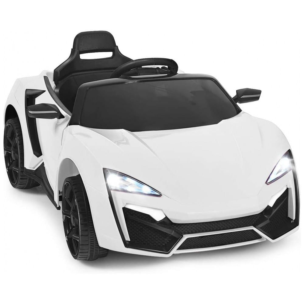 Carro Elétrico Infantil OLAKIDS Branco 12V 4 Rodas Suspensão Porta Dupla Controle Remoto LED 3 Velocidades Música USB TF