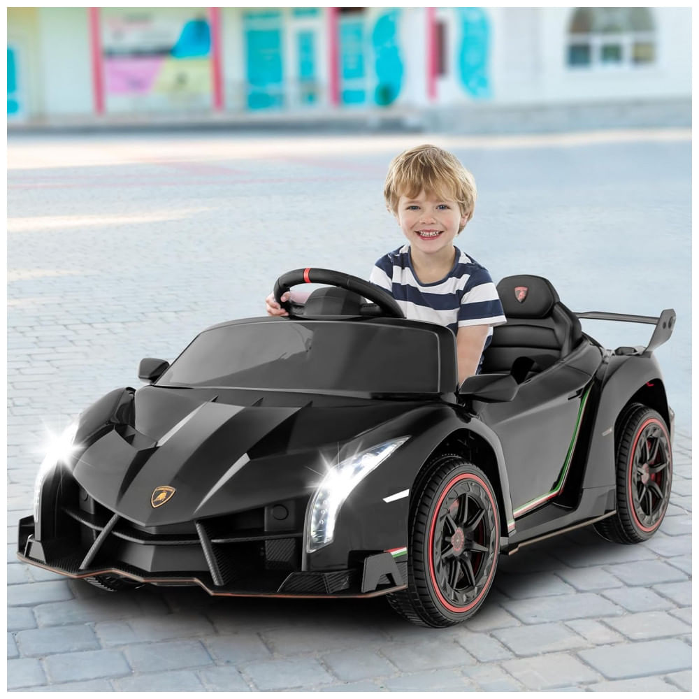Encontraproduto.com.br - Carro Elétrico Infantil Licenciado 2 Lugares Lamborghini Veneno OLAKIDS Preto 12V 4WD Suspensão Controle Remoto Música USB MP3