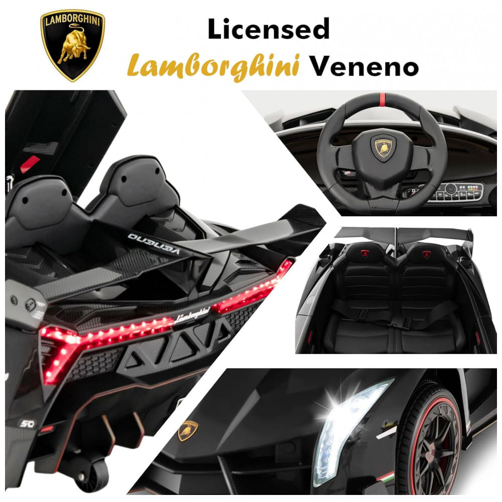 Encontraproduto.com.br - Carro Elétrico Infantil Licenciado 2 Lugares Lamborghini Veneno OLAKIDS Preto 12V 4WD Suspensão Controle Remoto Música USB MP3