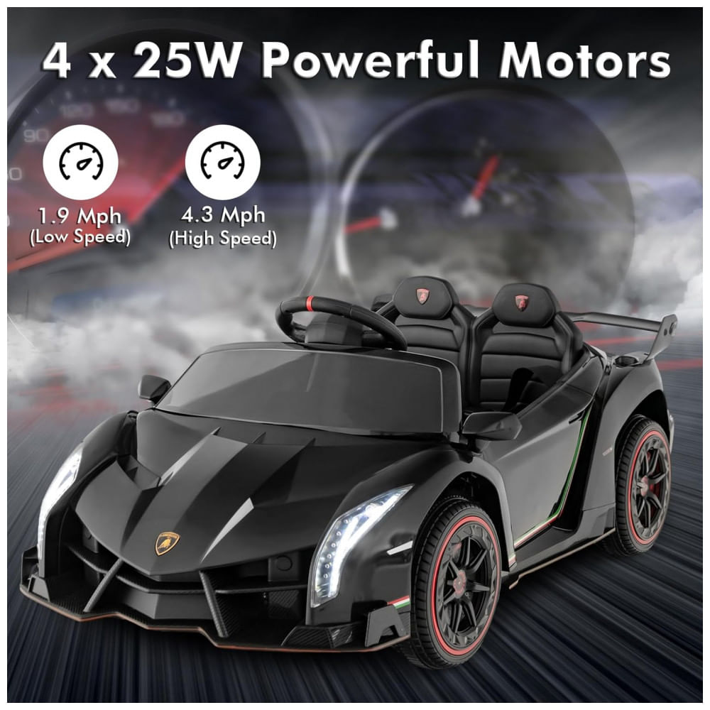 Encontraproduto.com.br - Carro Elétrico Infantil Licenciado 2 Lugares Lamborghini Veneno OLAKIDS Preto 12V 4WD Suspensão Controle Remoto Música USB MP3