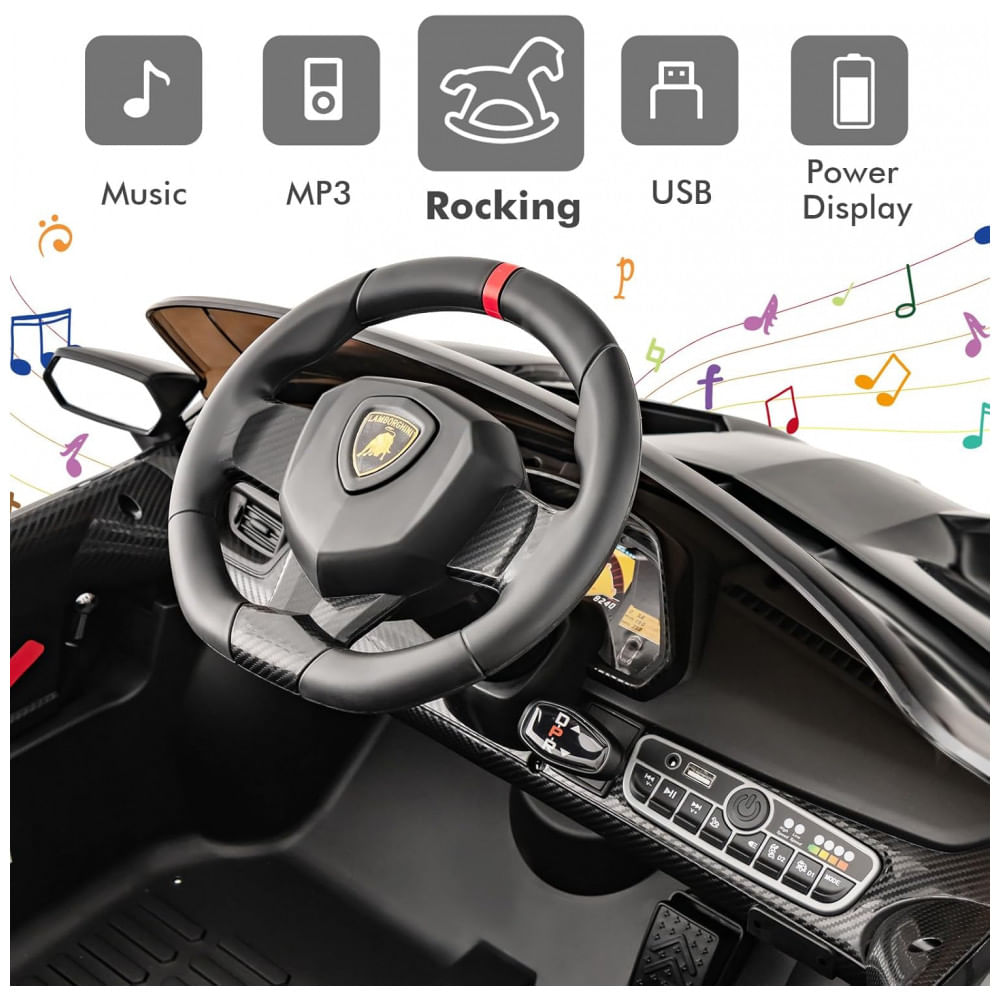 Encontraproduto.com.br - Carro Elétrico Infantil Licenciado 2 Lugares Lamborghini Veneno OLAKIDS Preto 12V 4WD Suspensão Controle Remoto Música USB MP3