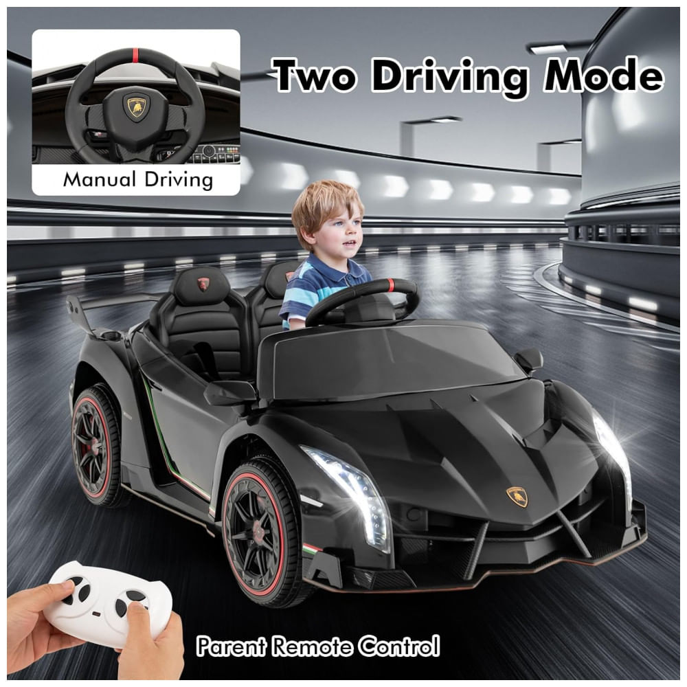 Encontraproduto.com.br - Carro Elétrico Infantil Licenciado 2 Lugares Lamborghini Veneno OLAKIDS Preto 12V 4WD Suspensão Controle Remoto Música USB MP3