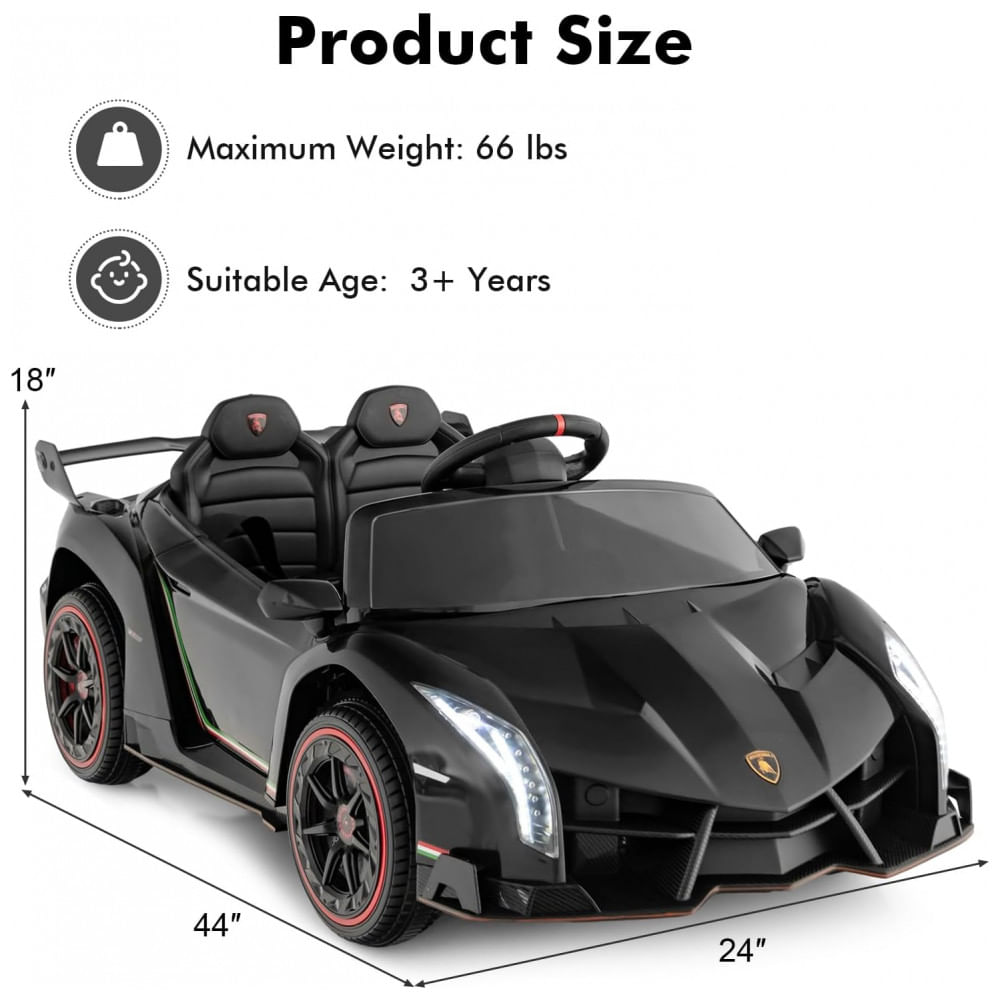 Encontraproduto.com.br - Carro Elétrico Infantil Licenciado 2 Lugares Lamborghini Veneno OLAKIDS Preto 12V 4WD Suspensão Controle Remoto Música USB MP3