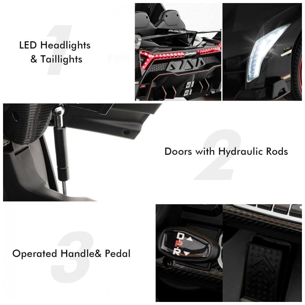 Encontraproduto.com.br - Carro Elétrico Infantil Licenciado 2 Lugares Lamborghini Veneno OLAKIDS Preto 12V 4WD Suspensão Controle Remoto Música USB MP3