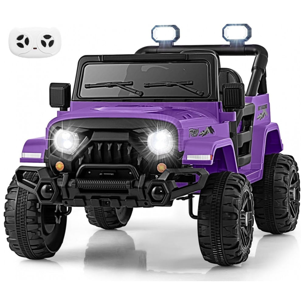 Carro Elétrico Infantil OLAKIDS Roxo 12V Controle Remoto Jeep LED Bluetooth 2 Velocidades Suspensão Música USB MP3 3-8 Anos