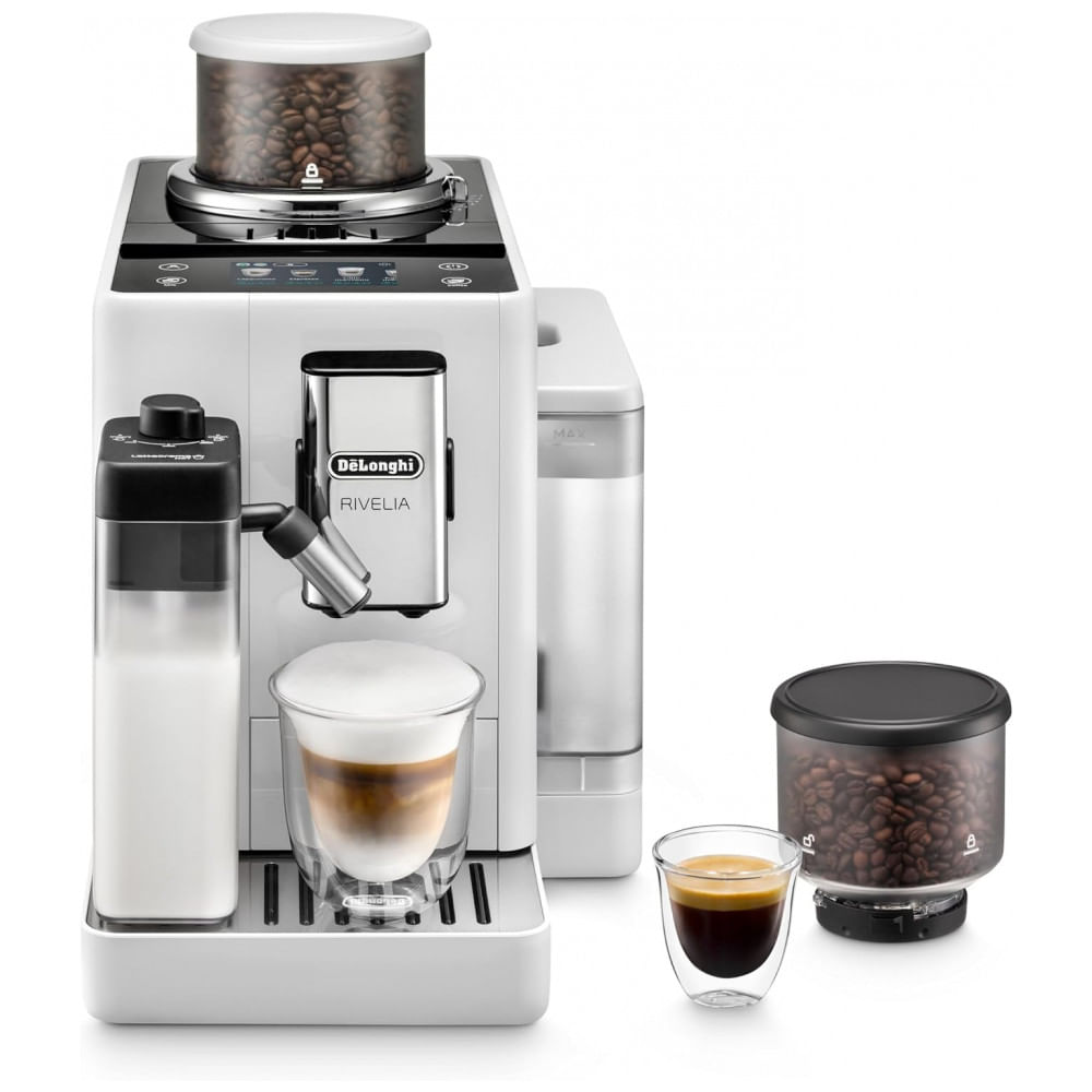 Máquina de Café Espresso Automática DeLonghi Rivelia Branca Moedor Integrado, Espumador Automático, Bean Switch System 110V