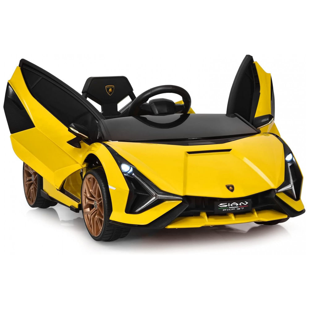 Carro Elétrico Infantil Licenciado Lamborghini SIAN OLAKIDS Preto/Amarelo 12V com Controle Remoto 2 Velocidades, Suspensão e Bluetooth