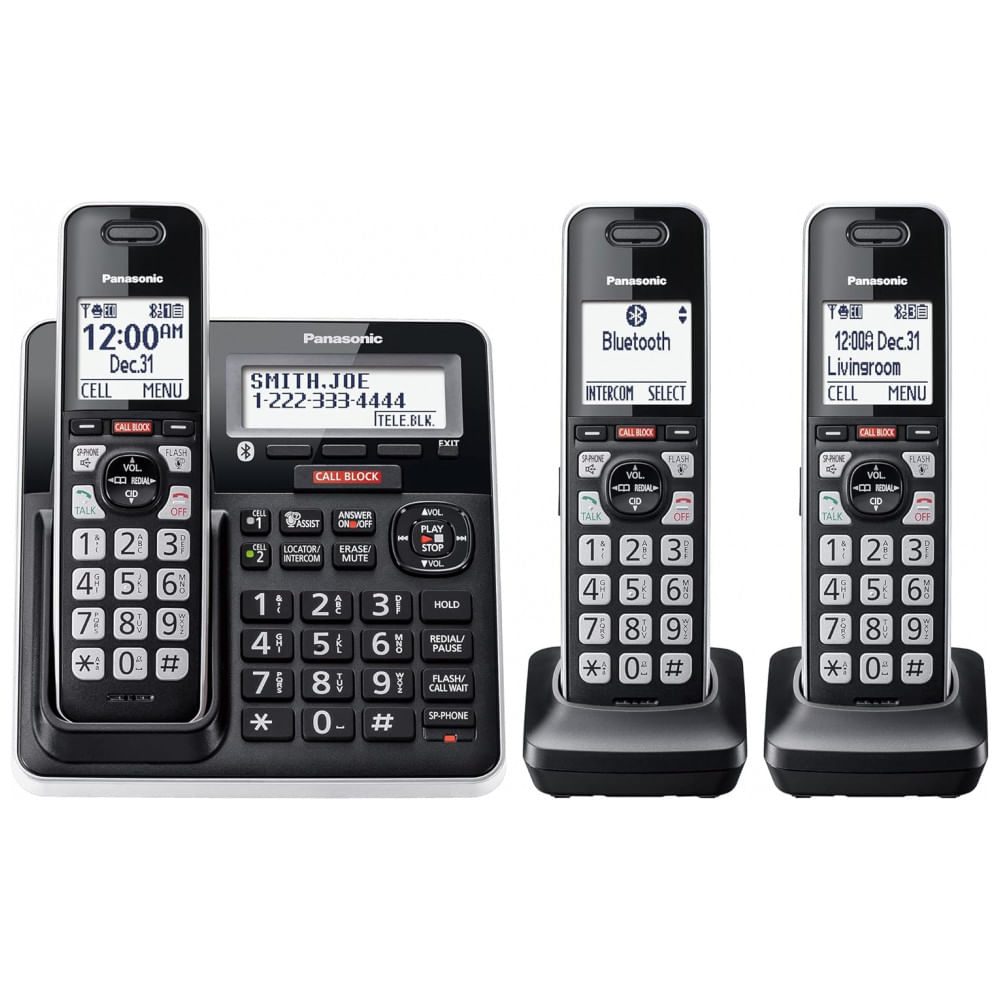 Telefone Sem Fio Panasonic KX-TGF973B Preto/Prata com 3 Handsets, Bloqueio Avançado de Chamadas, Link2Cell Bluetooth, Alerta Contra Golpes