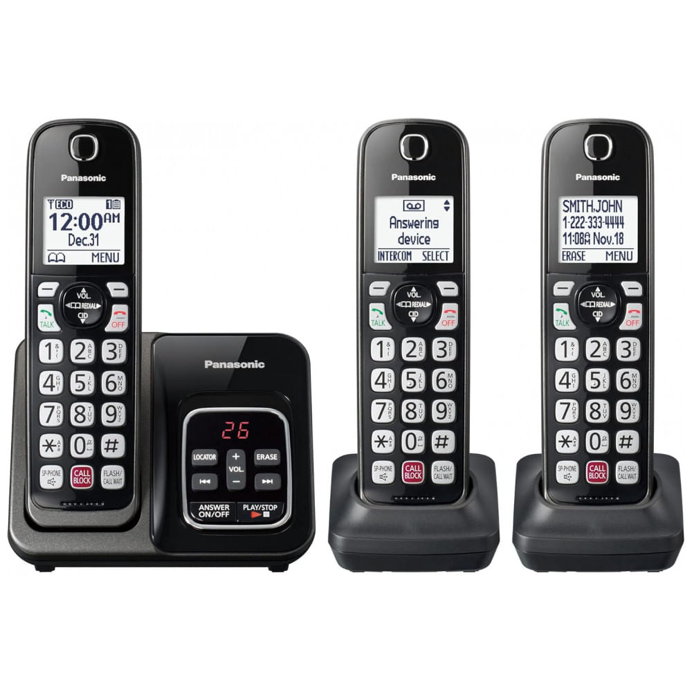 Telefone Sem Fio Panasonic KX-TGD833M Preto Metálico 3 Handsets com Bloqueio Avançado de Chamadas, Gravação Bidirecional, Alerta Golpe Um Toque