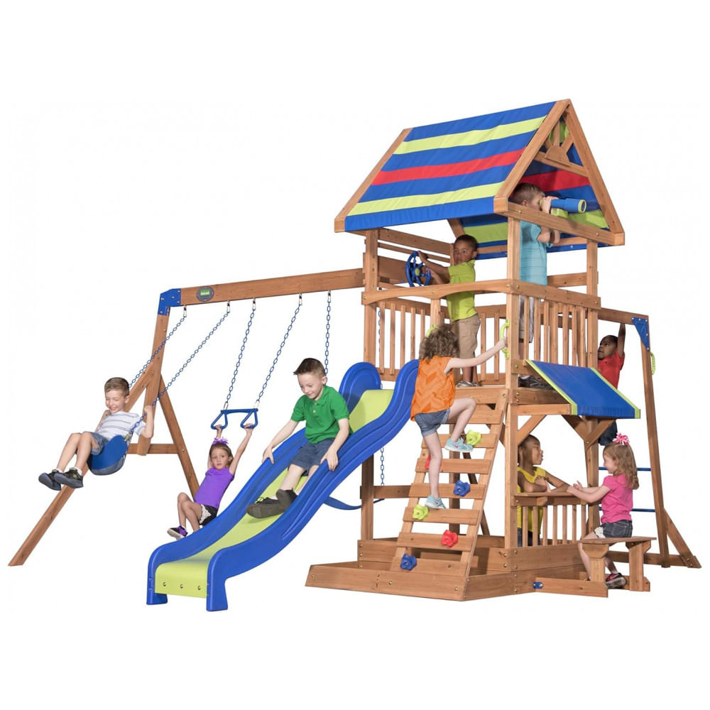 Conjunto de Balanço em Madeira Cedar Backyard Discovery Beach Front Multicolor com Escorregador Ondulado 2,44 m, Área de Recreação, Barraca de Lanche