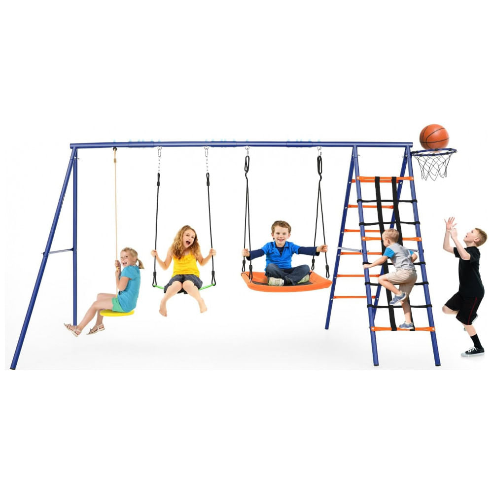 Balanço Infantil 6 em 1 SIHANM Multijogos Colorido Metal Reforçado com 3 Assentos Ajustáveis, Escada, Rede, Cesta de Basquete