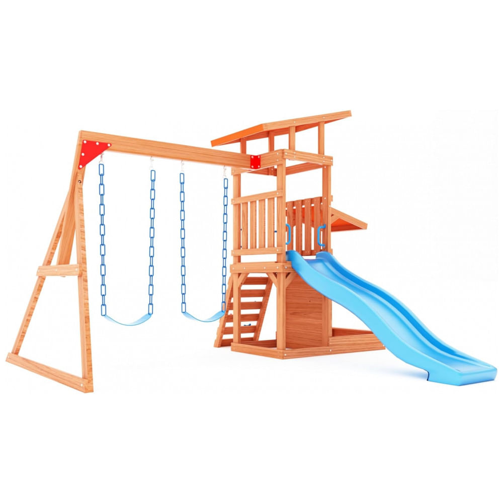 Conjunto de Balanço Infantil﻿ 6 em 1 Dolphin Playground T Madeira Natural Multicolorido com Escorregador Onda, Parede de Escalada, 2 Balanços de Cinto