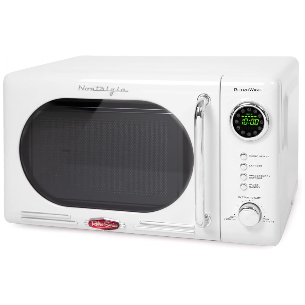 Forno micro-ondas de bancada Nostalgia retrô branco, 700W, display digital LED, 12 programas, trava de segurança infantil, 20L, modelo NRMO7WH6A, 110V