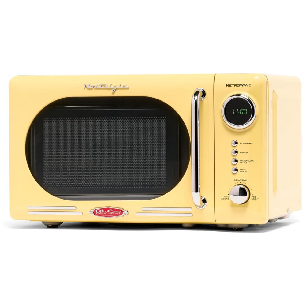 Forno micro-ondas de bancada Nostalgia retrô amarelo, 700W, display digital LED, 12 programas, trava de segurança infantil, 20L, 110V