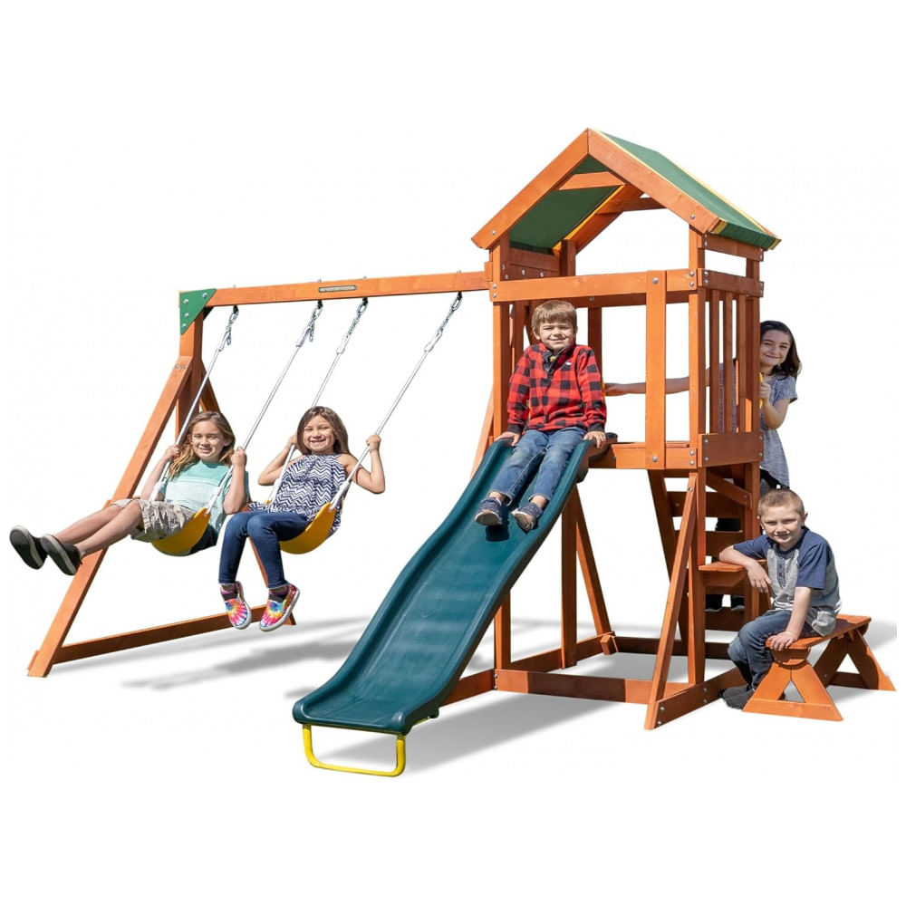 Conjunto de Balanços de Madeira Sportspower Scottsdale Verde, 2 Balanços Ajustáveis, Escorregador 1,52 m, Caixa de Areia, Deck Coberto, Capacidade 363