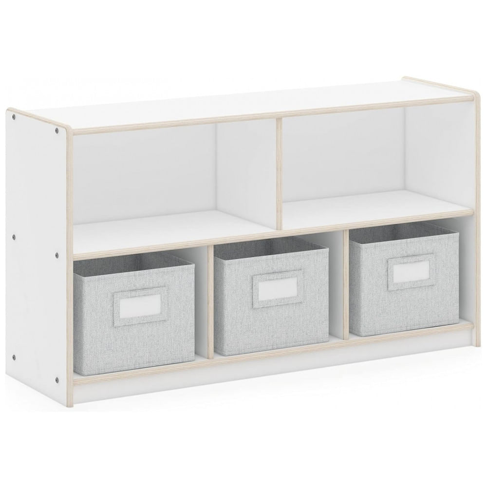 Estante infantil 2 prateleiras 5 compartimentos Guidecraft EdQ Branca com 3 caixas de tecido em madeira bétula 61cm