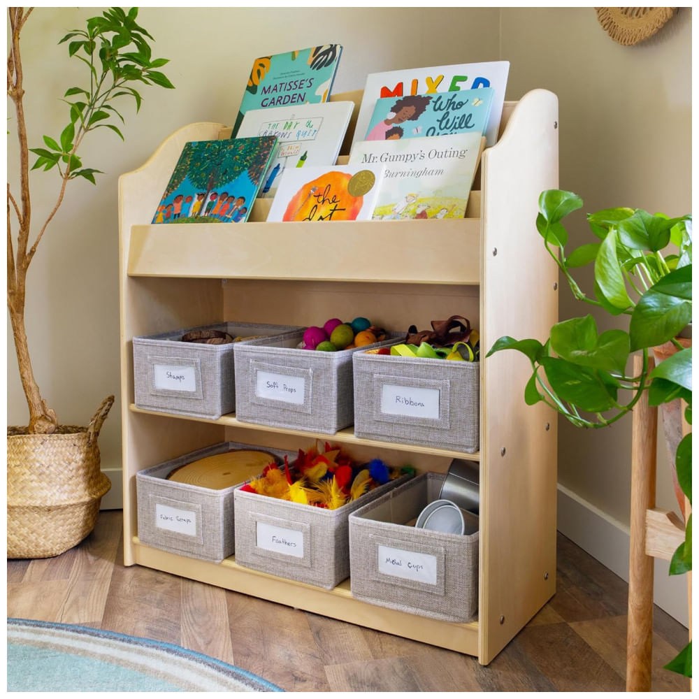 Estante infantil Guidecraft EdQ Book and Bin Browser Natural com exibição de livros e 6 caixas de tecido 91cm