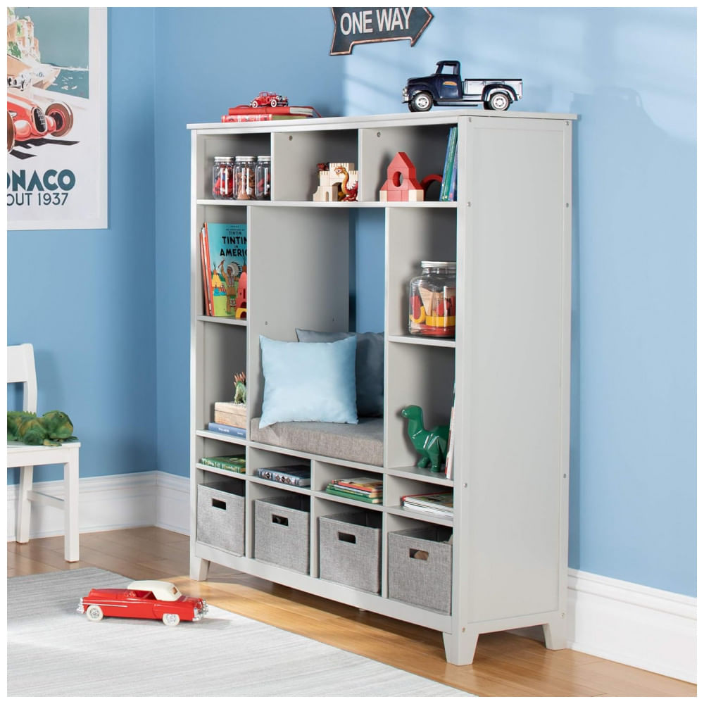 Sistema de armazenamento infantil Martha Stewart Kids Storage System Cinza com nichos, prateleiras e banco com almofada 129cm
