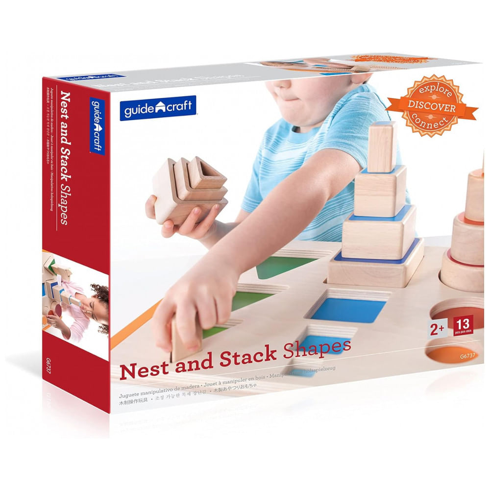 Conjunto Nest and Stack Shapes Guidecraft em madeira multicolorida para encaixe, empilhamento e classificação de formas