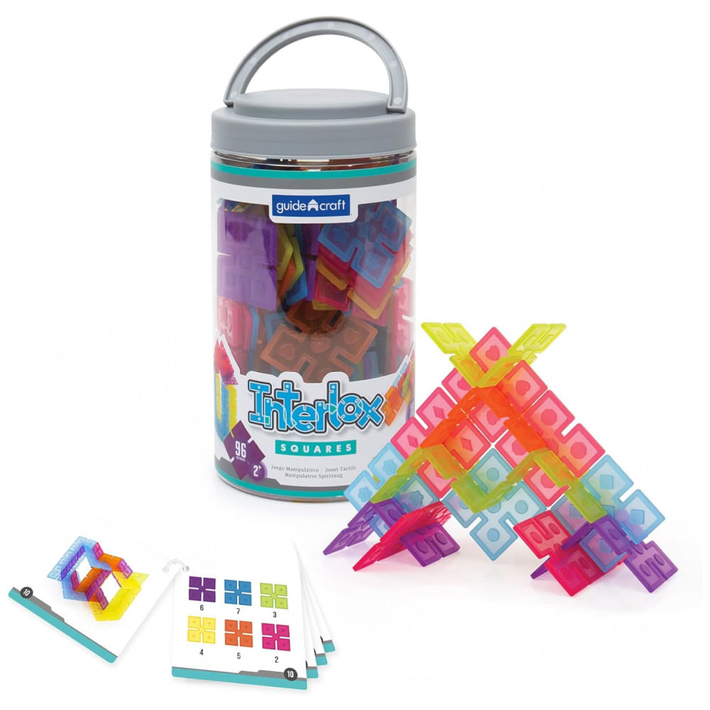 Conjunto de construção Interlox Squares Guidecraft com 96 peças plásticas coloridas para atividades STEM