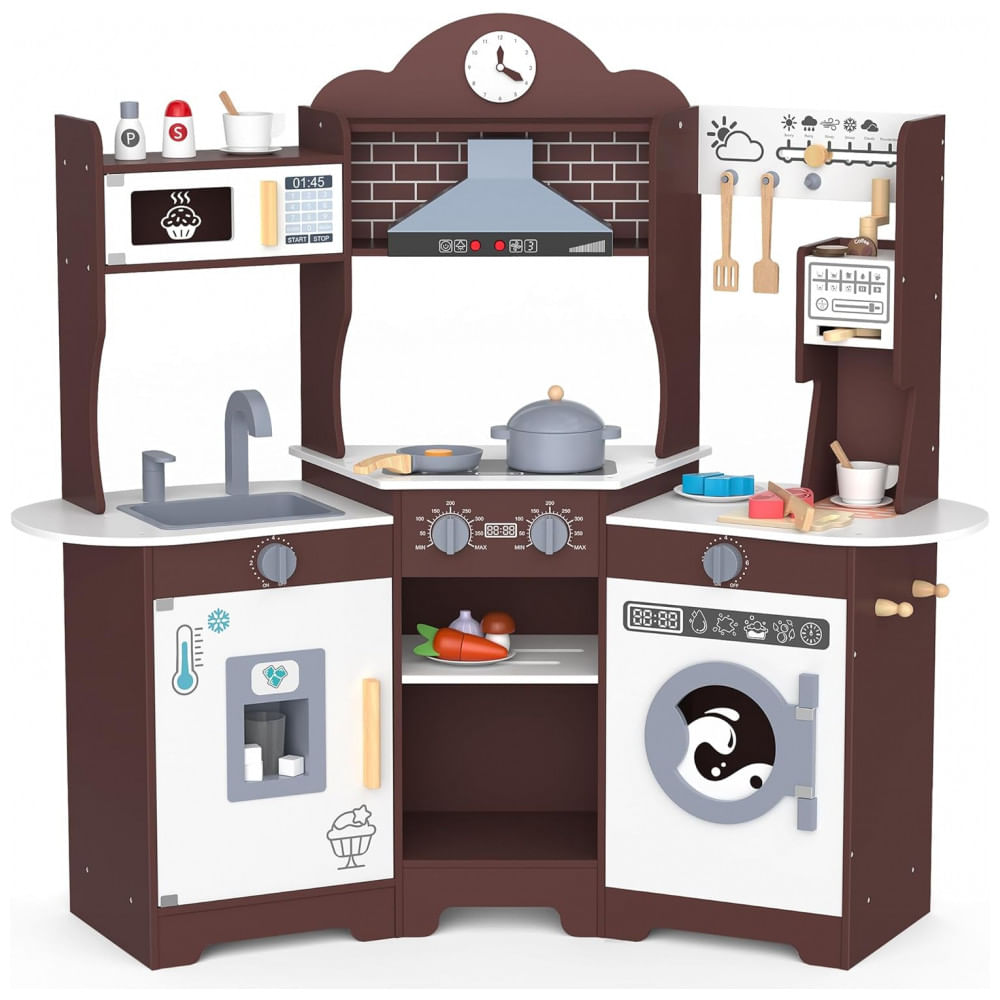Cozinha infantil de madeira ANPABO espresso com luzes, sons e acessórios, 30 peças
