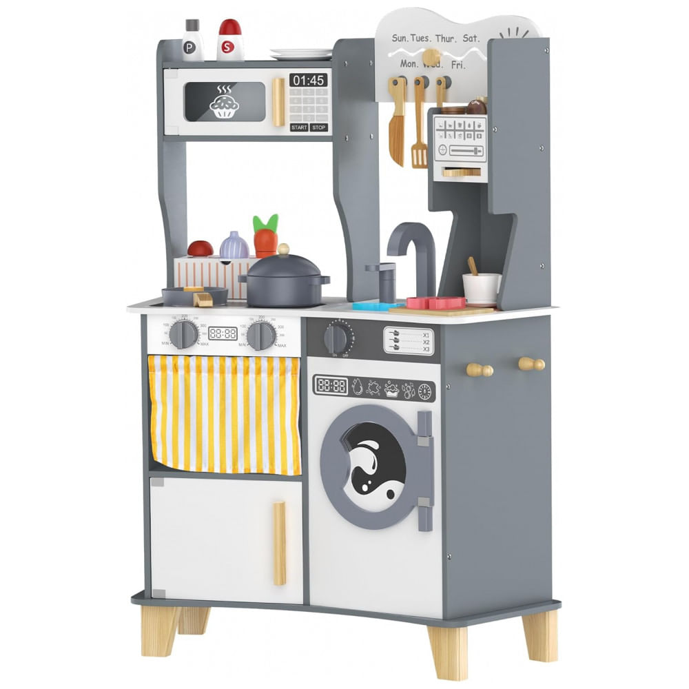 Cozinha infantil de madeira ANPABO cinza com acessórios, cafeteira, micro-ondas e máquina de lavar, 25 peças