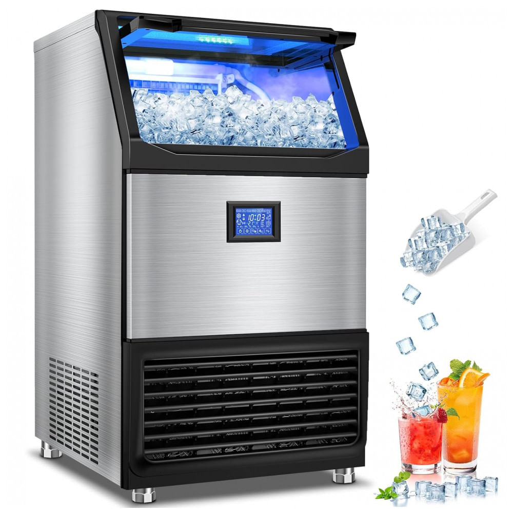 Máquina de Gelo Comercial RAPSUAR 227 kg/24h Bin 60 kg 162 Cubos 6-20 Min Autolimpeza Aço Inox GTR369 110V