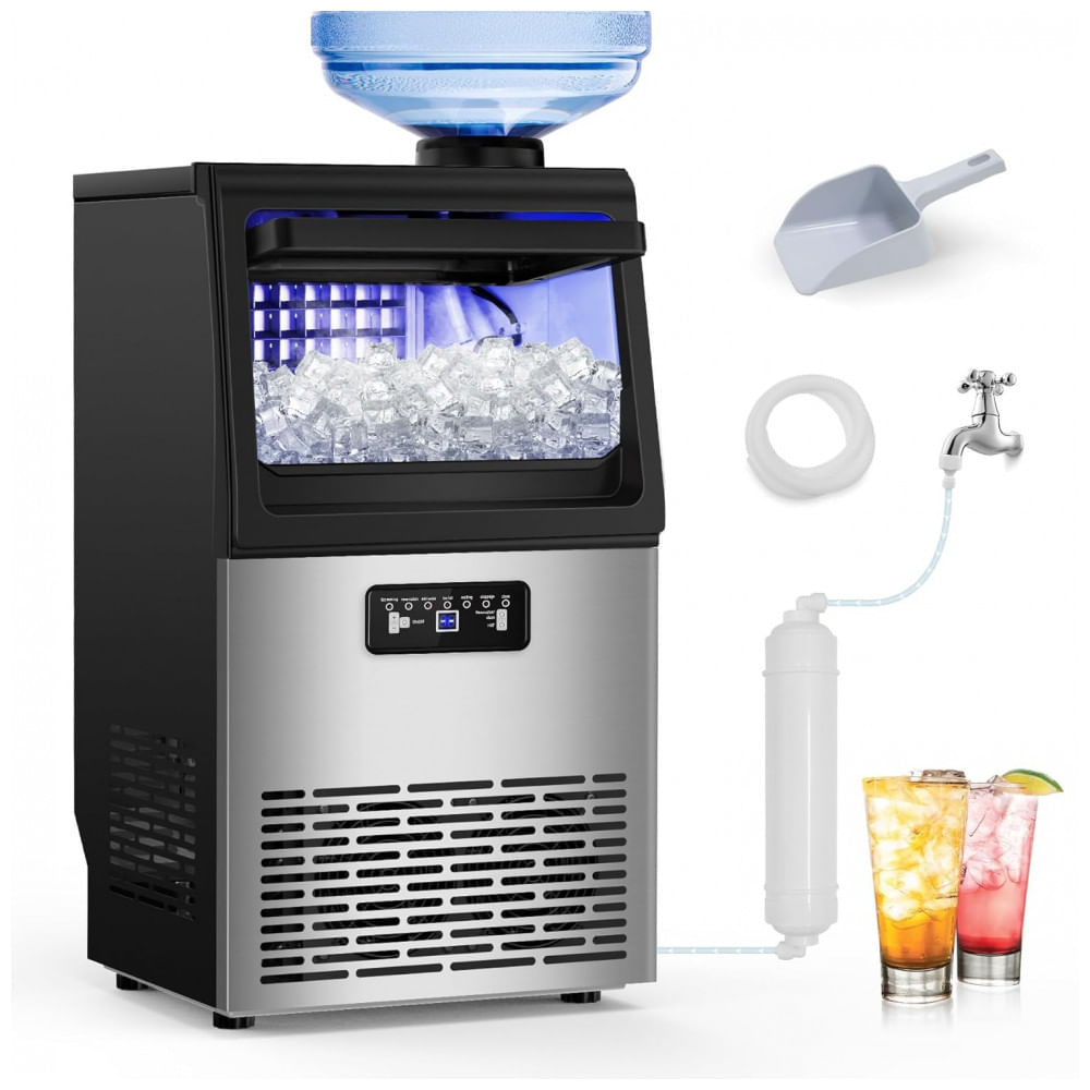Máquina de gelo comercial RAPSUAR inox prata dupla entrada de água filtro integrado 45 kg/24h 110V