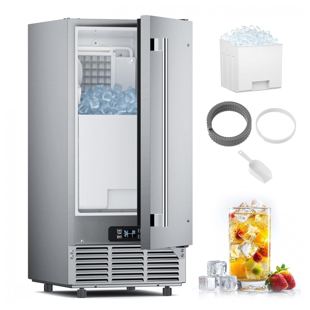 Máquina de Gelo Sob Bancada Lioncho Aço Inoxidável 39 kg/24h Bin 13,6 kg Porta Dupla Reversível 38 cm Largura