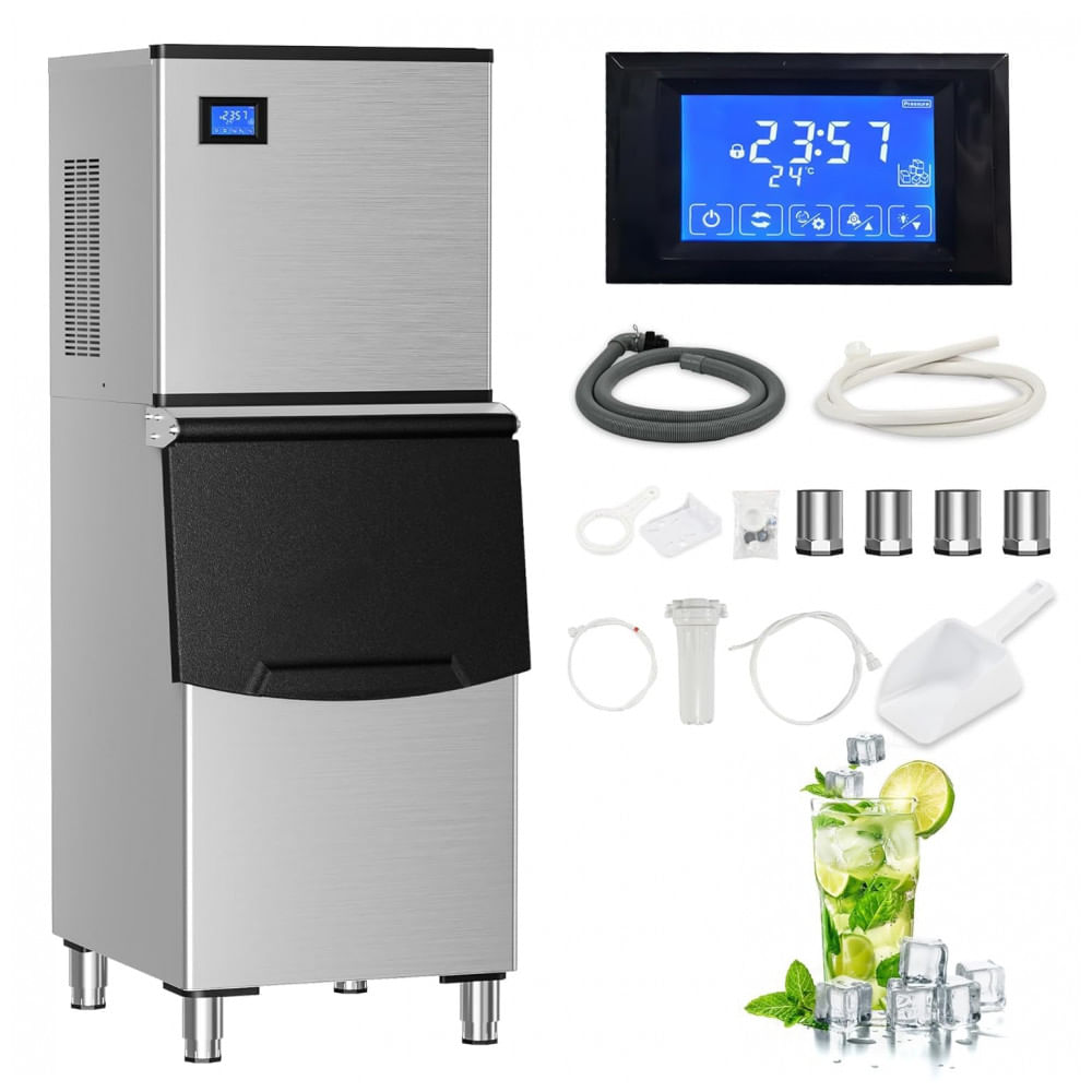Máquina de Gelo Industrial Icyglee Aço Inoxidável Compressor SECOP Filtro 227 kg/24h Bin 113 kg 110V
