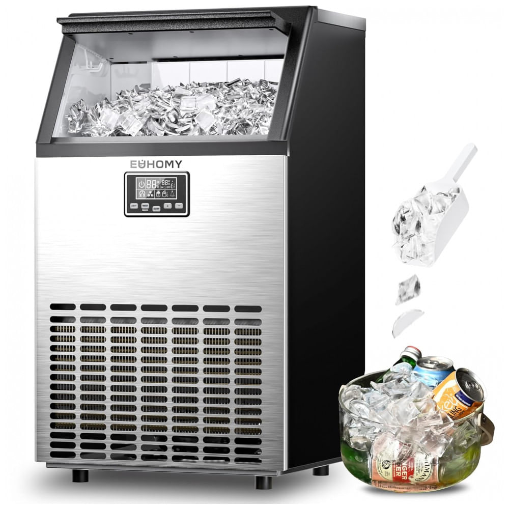 Máquina de Gelo Comercial EUHOMY Lua 45,4 kg/dia Bin 15 kg Aço Inoxidável Sob Balcão Autolimpeza ETL 115V