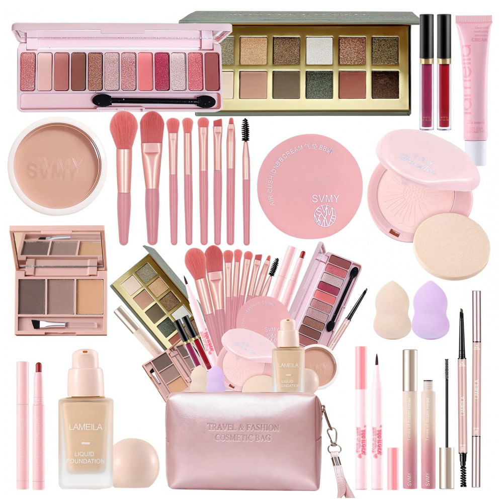 Kit Maquiagem 25 Peças Fynqwor Completo Fundação Corretivo Sombras Brilho Labial Bolsa Portátil para Mulheres e Teens