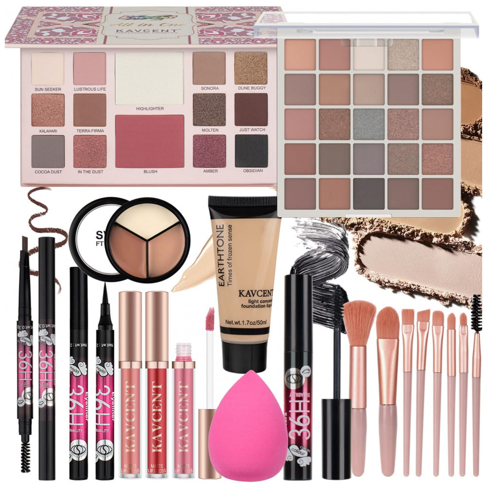 Kit Maquiagem Completo Kavcent Paleta Sombras Foundation Líquida Corretivo Máscara Delineador Pincéis Puff para Teens e Mulheres