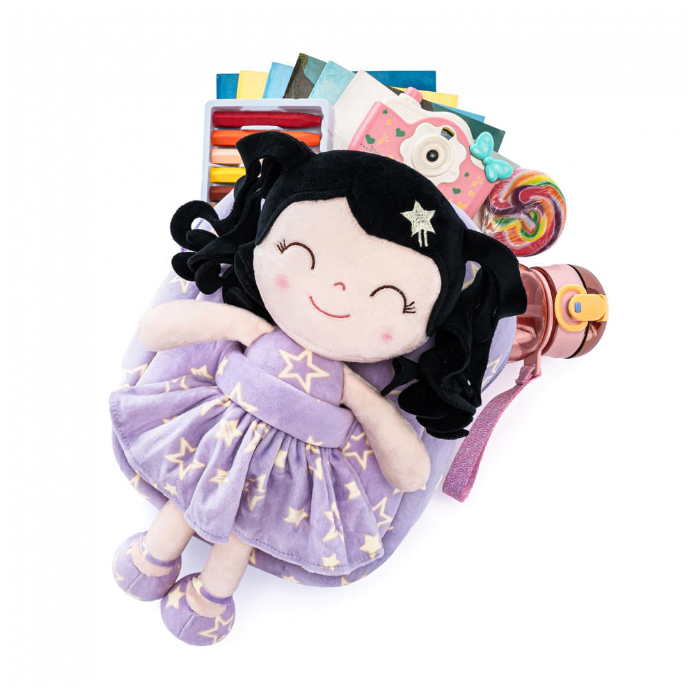 Mochila infantil Gloveleya boneca primavera cabelo cacheado roxa