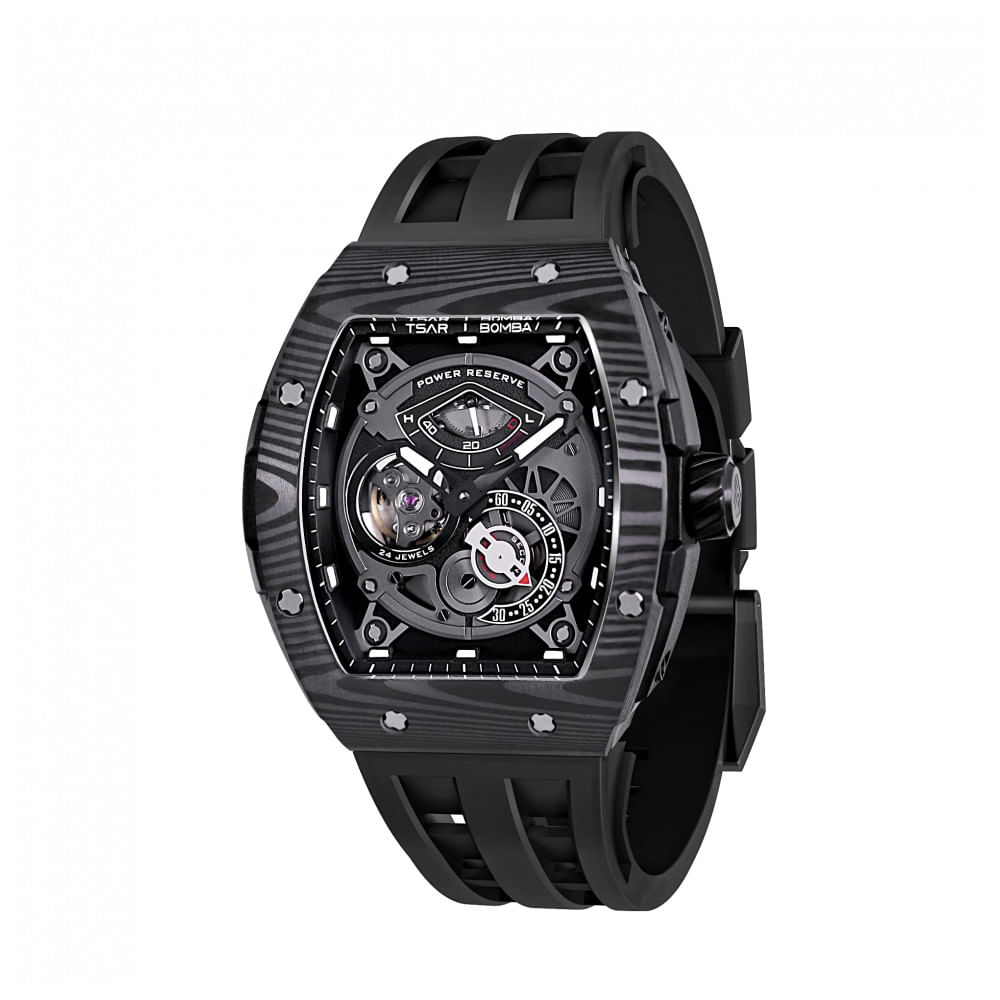TSAR BOMBA Relógio Automático Masculino Esqueleto, Resistente à Água 50M, Pulseira em Fluororubber, Reserva de Energia