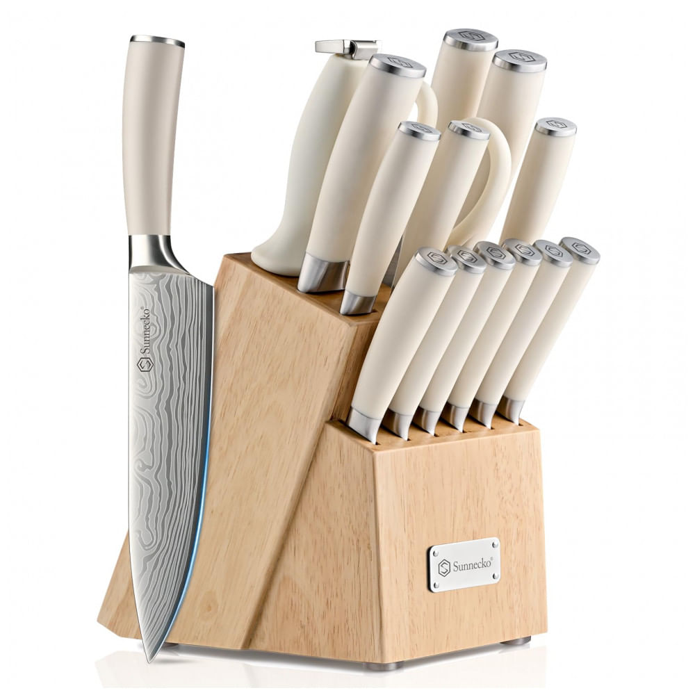 Conjunto de Facas de Cozinha Sunnecko 15 Peças Branco com Afiador e Bloco em Madeira