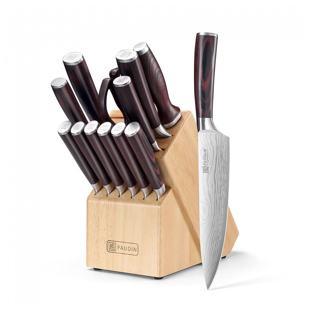 Conjunto de Facas de Cozinha PAUDIN 14 Peças com Bloco em Madeira e Cabo Pakkawood Ergonômico