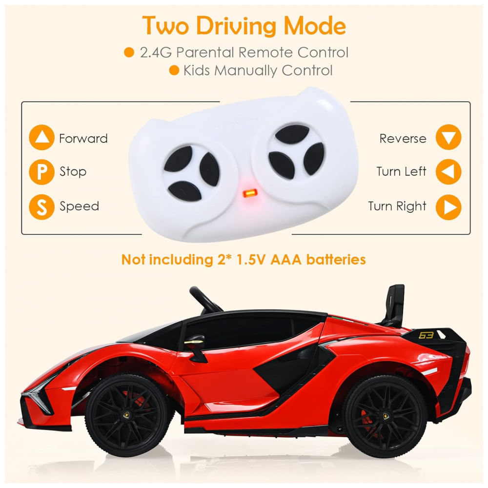 Encontraproduto.com.br - Carro Elétrico Infantil Licenciado Lamborghini SIAN OLAKIDS Preto/Vermelho 12V com Controle Remoto 2 Velocidades, Suspensão e Bluetooth