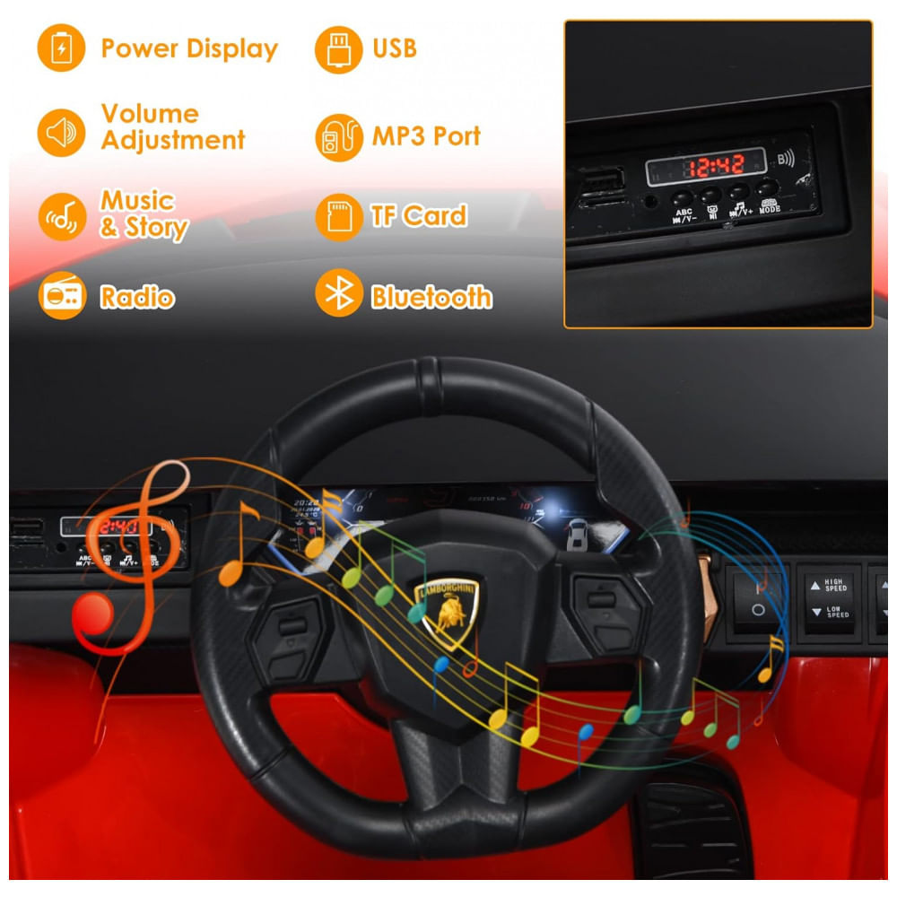 Encontraproduto.com.br - Carro Elétrico Infantil Licenciado Lamborghini SIAN OLAKIDS Preto/Vermelho 12V com Controle Remoto 2 Velocidades, Suspensão e Bluetooth
