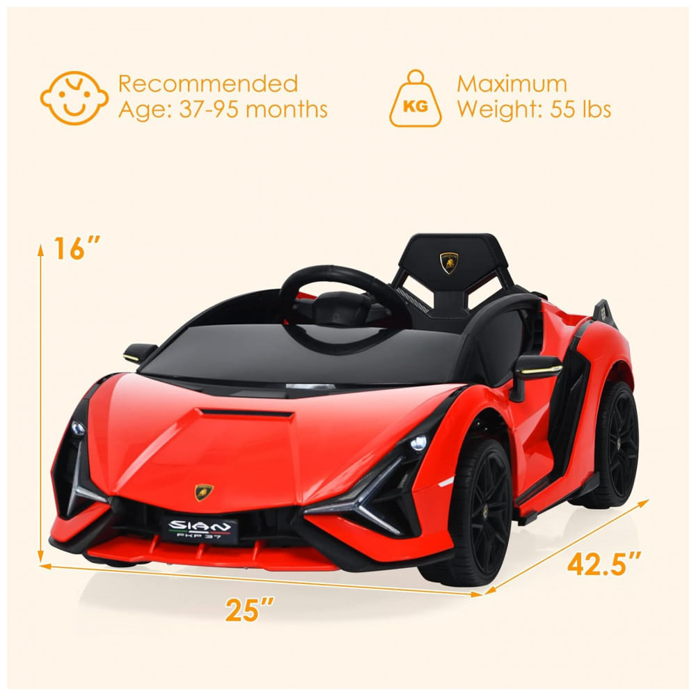 Encontraproduto.com.br - Carro Elétrico Infantil Licenciado Lamborghini SIAN OLAKIDS Preto/Vermelho 12V com Controle Remoto 2 Velocidades, Suspensão e Bluetooth