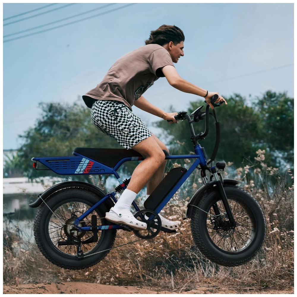 Encontraproduto.com.br - Bicicleta elétrica Jasion RetroVolt azul 20x4 motor 1500W pico 2000W bateria 48V 13Ah 65 km autonomia suspensão dupla 110V