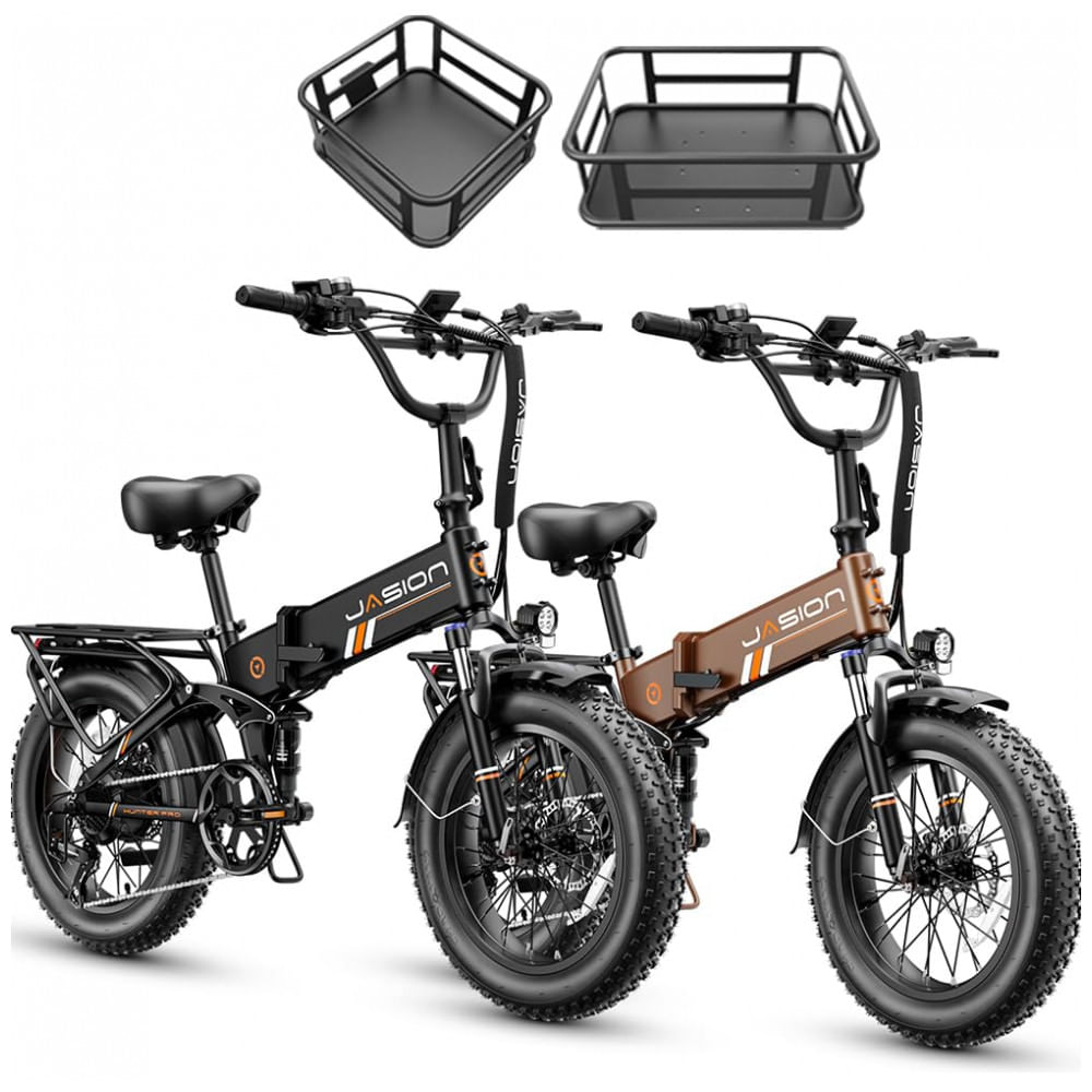 Kit 2 bicicletas elétricas dobráveis Jasion X-Hunter Pro preta e marrom cestos pneus 20x4 motor 750W pico 1800W bateria 48V 15Ah 80 km 110V