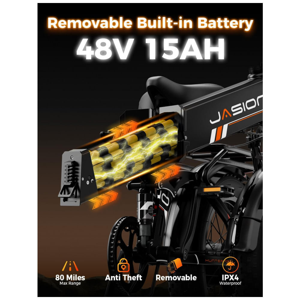 Encontraproduto.com.br - Kit 2 bicicletas elétricas dobráveis Jasion X-Hunter Pro preta e marrom cestos pneus 20x4 motor 750W pico 1800W bateria 48V 15Ah 80 km 110V