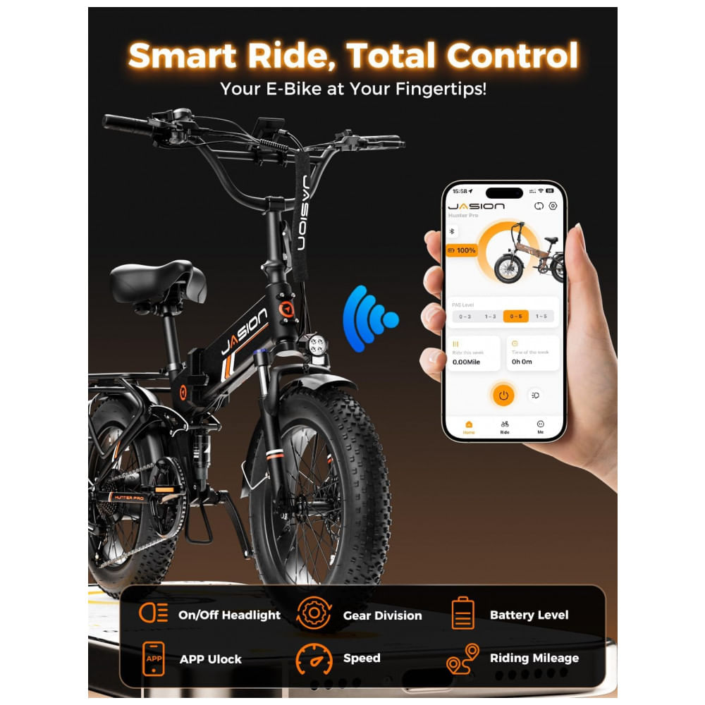 Encontraproduto.com.br - Kit 2 bicicletas elétricas dobráveis Jasion X-Hunter Pro preta e marrom cestos pneus 20x4 motor 750W pico 1800W bateria 48V 15Ah 80 km 110V