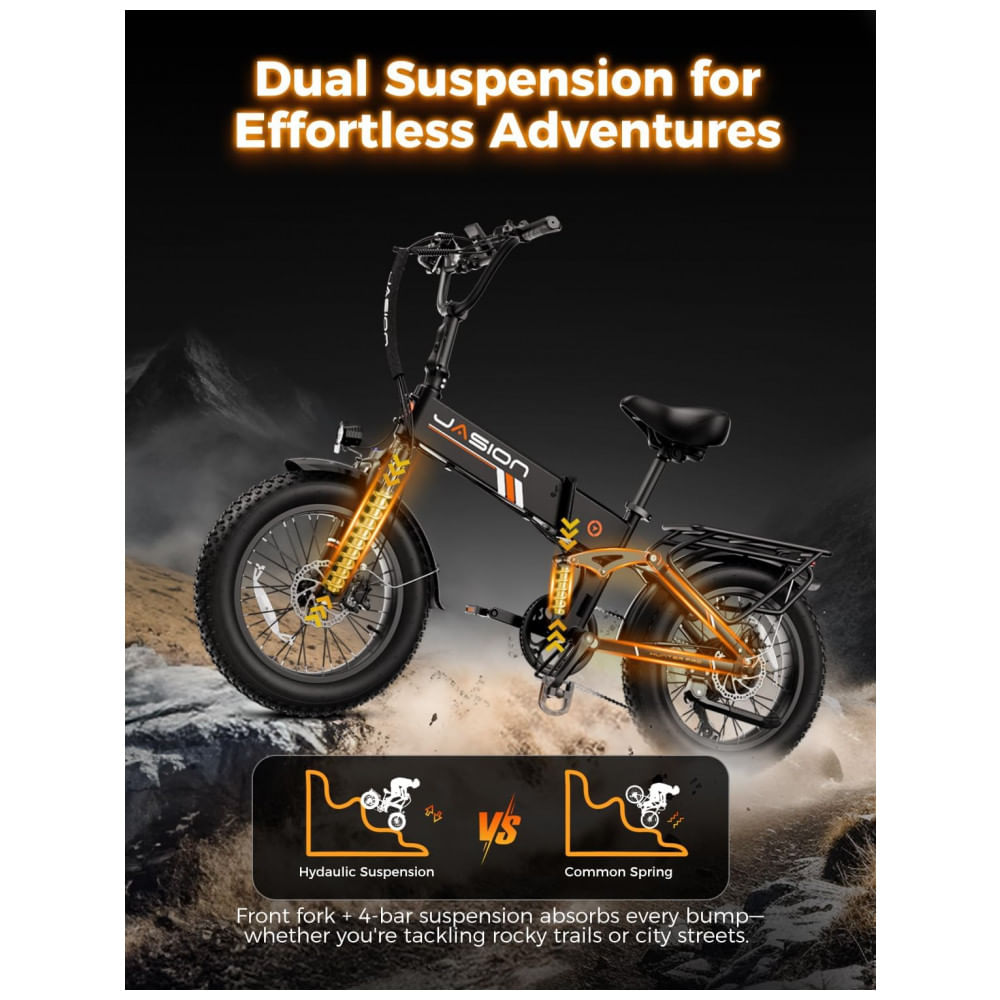 Encontraproduto.com.br - Kit 2 bicicletas elétricas dobráveis Jasion X-Hunter Pro preta e marrom cestos pneus 20x4 motor 750W pico 1800W bateria 48V 15Ah 80 km 110V