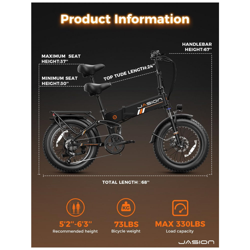 Encontraproduto.com.br - Kit 2 bicicletas elétricas dobráveis Jasion X-Hunter Pro preta e marrom cestos pneus 20x4 motor 750W pico 1800W bateria 48V 15Ah 80 km 110V