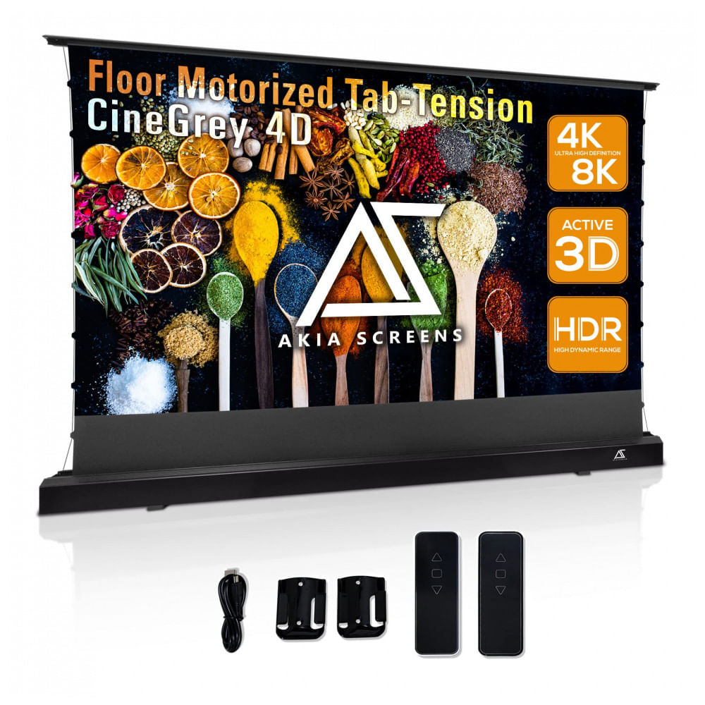 Tela de projeção motorizada floor-rising 101" AKIA SCREENS CineGrey 4D ALR 110V para projetor de longo alcance