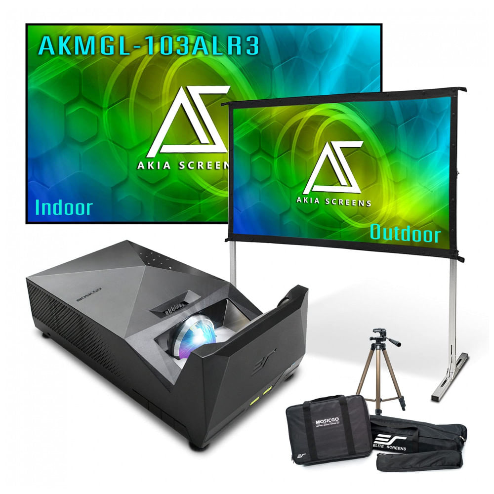 Projetor UST Full HD AKIA SCREENS MosicGO com tela fixa CLR3 103" 16:9 e tela portátil 58" 16:9 alumínio 110V
